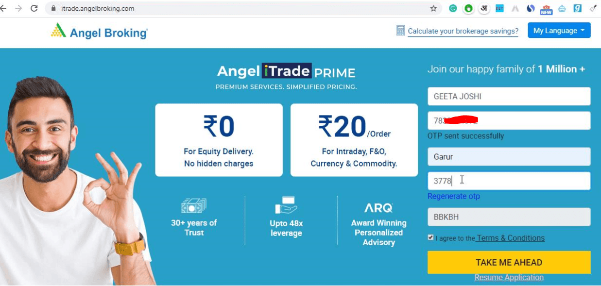 Angel Broking Account Opening Signup Page